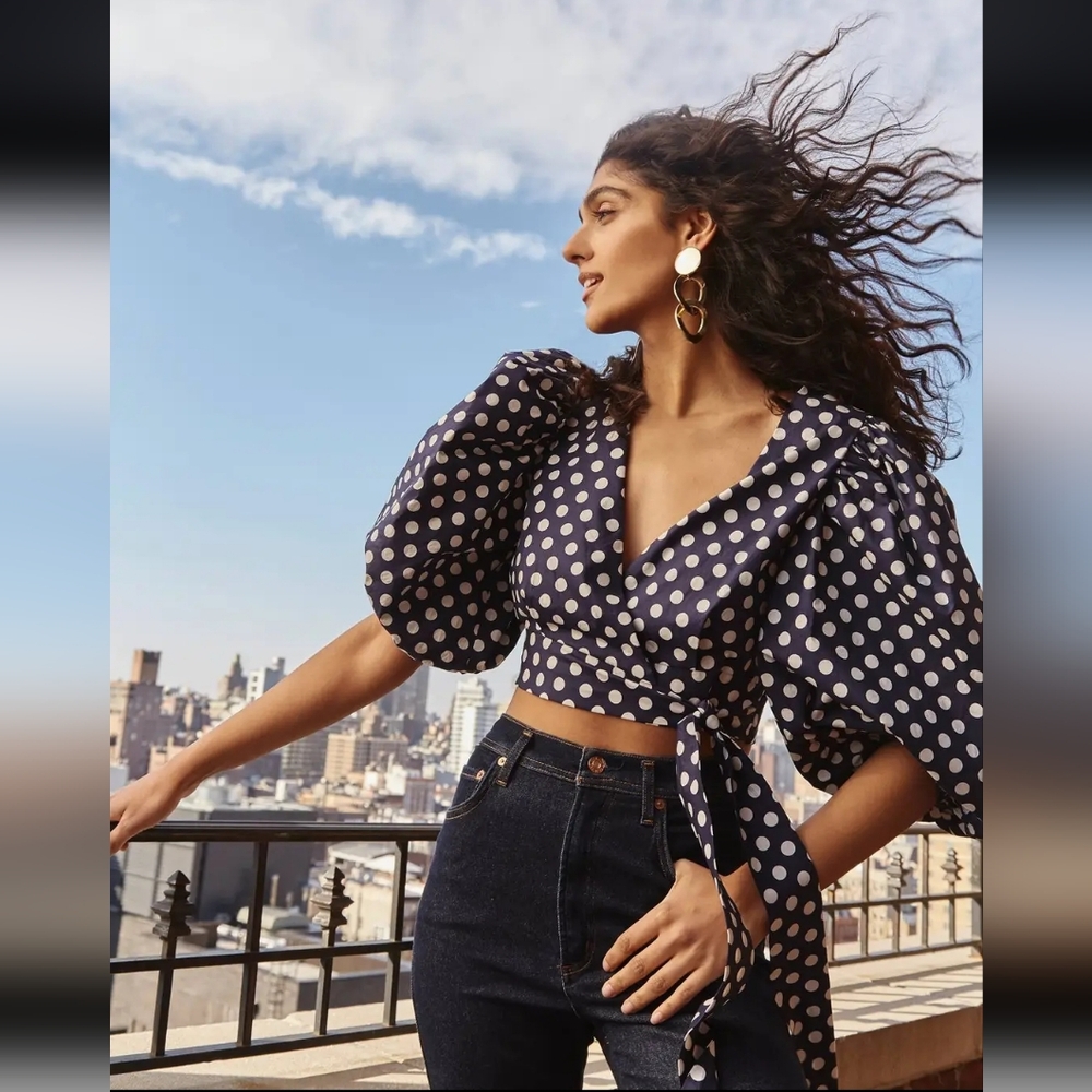 Navy Polka Dot Wrap Blouse with Puff Sleeves